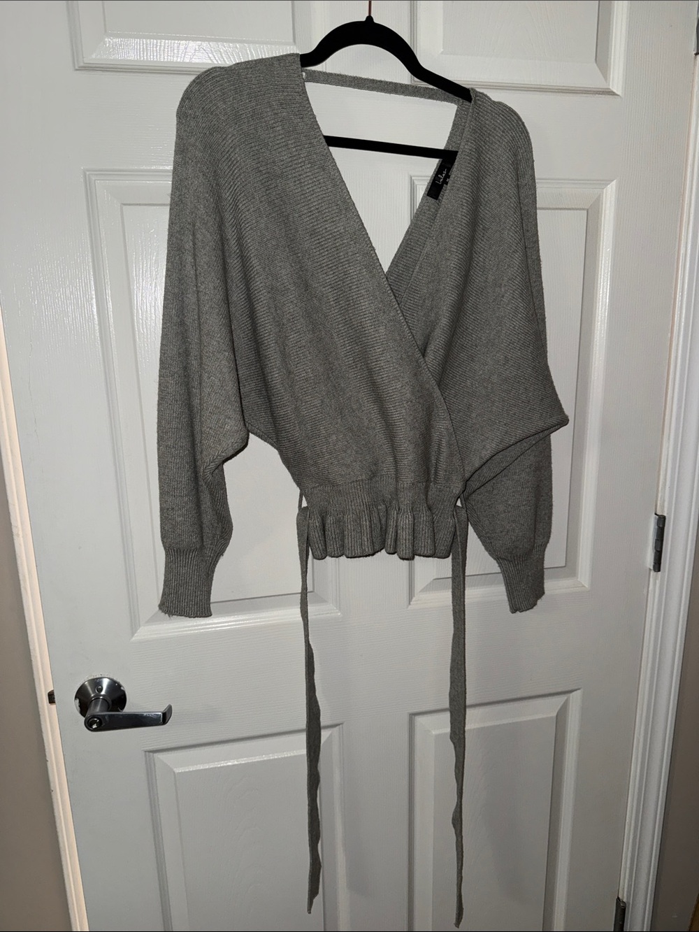 Lulu's Gray Wrap V-Neck Sweater with Tie Waist